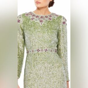 $598 Mac Duggal Floral Beaded Tea Length Midi Dress green sequined pink floral